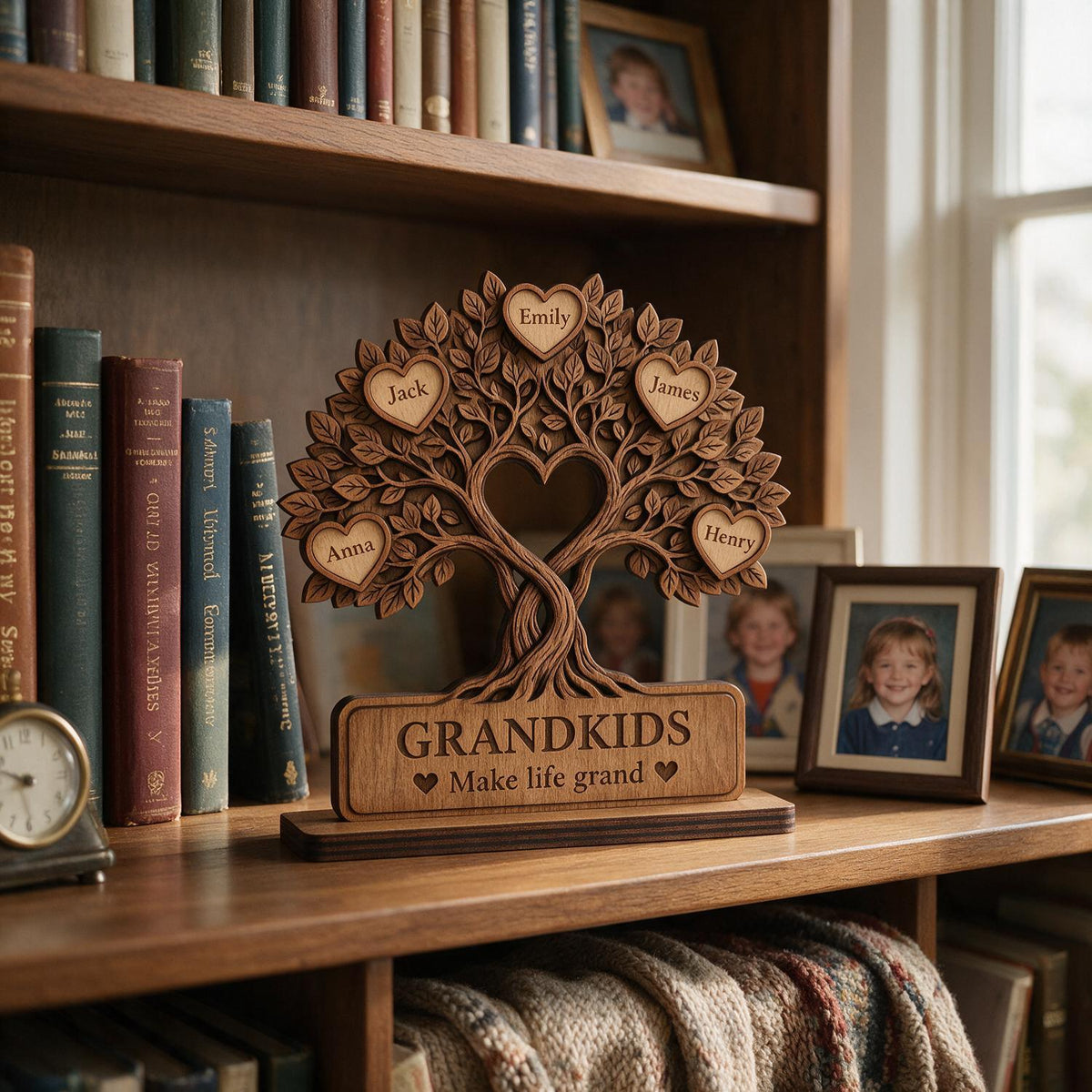 Plaque en Bois en Forme de Cœur Arbre de Famille Personnalisée - Cadeau Souvenir pour Grands-Parents