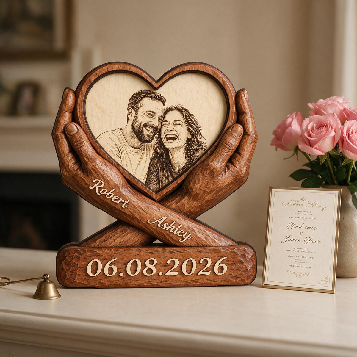 Croquis Photo Couple Personnalisé - Plaque en Bois à 2 Couches - Cadeau d'Anniversaire