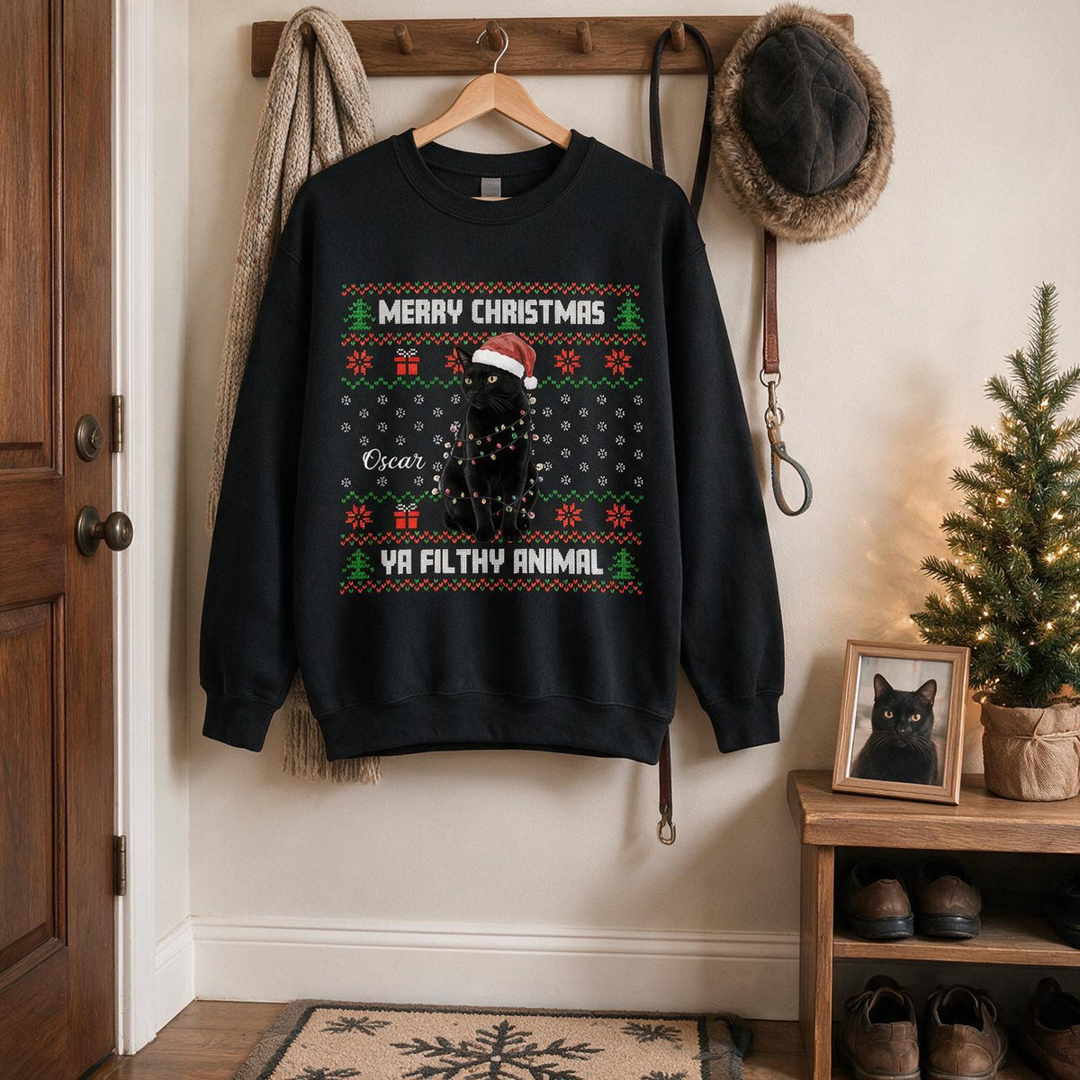 Personalized Christmas Black Cat Ugly Sweatshirt, Cat Lover Holiday Gift