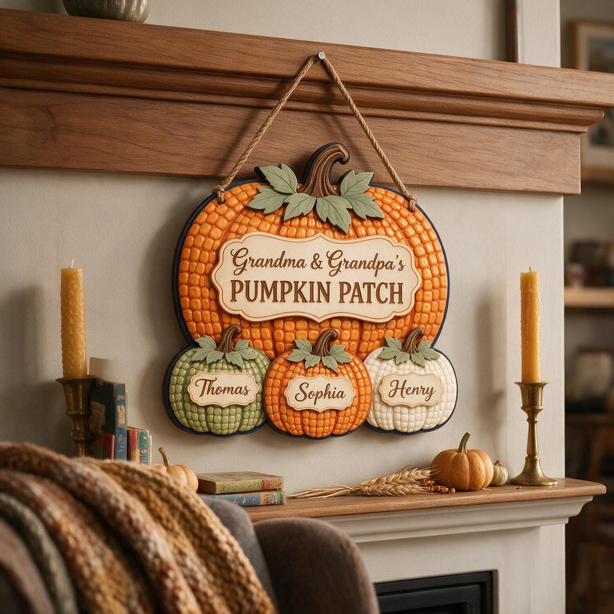 Panneau en Bois Personnalisé de Citrouille d'Automne pour Grands-Parents, Décoration Murale Familiale Personnalisée