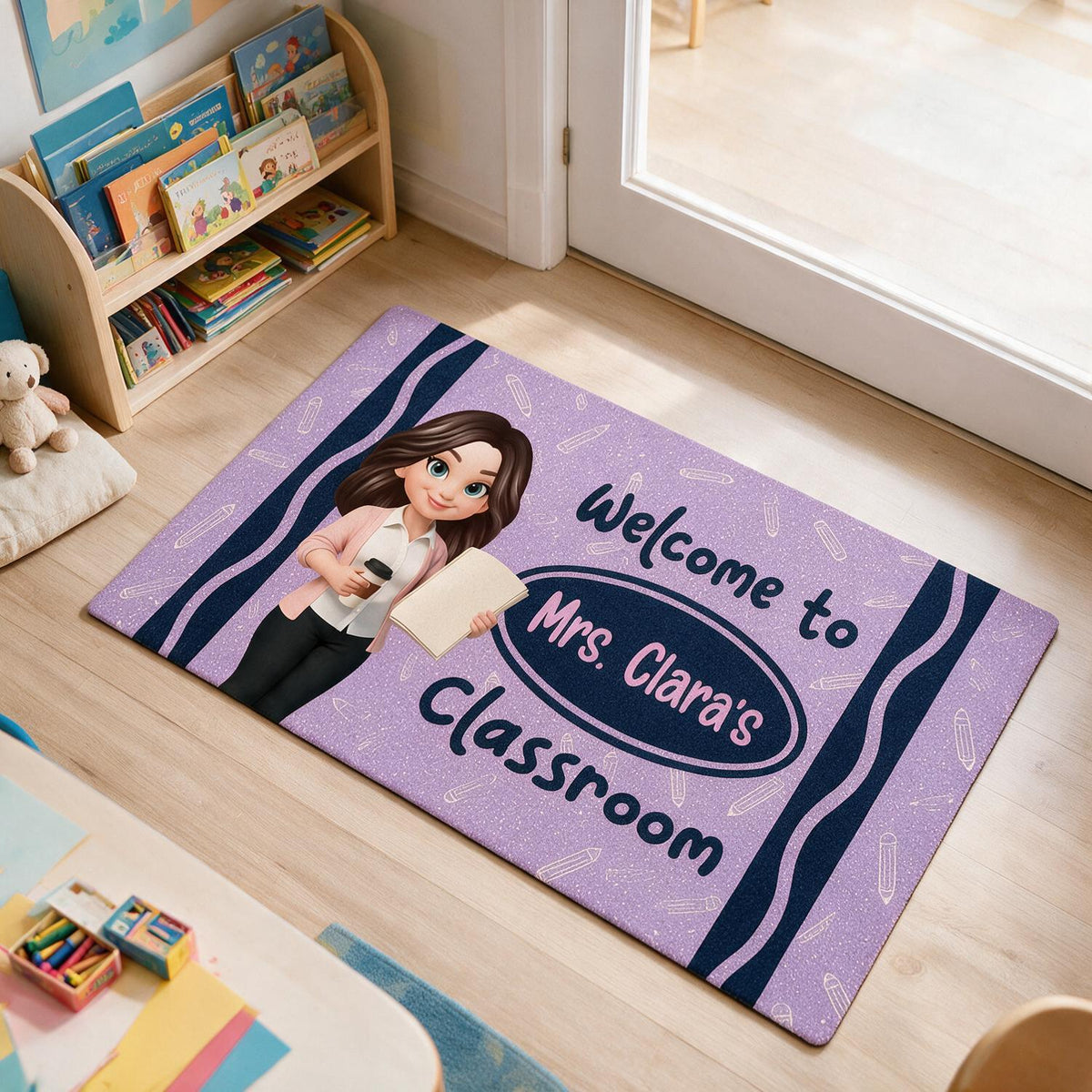 Personalized Back To School Teacher Purple Crayon Welcome Classroom Doormat, Custom Class Decor Gift