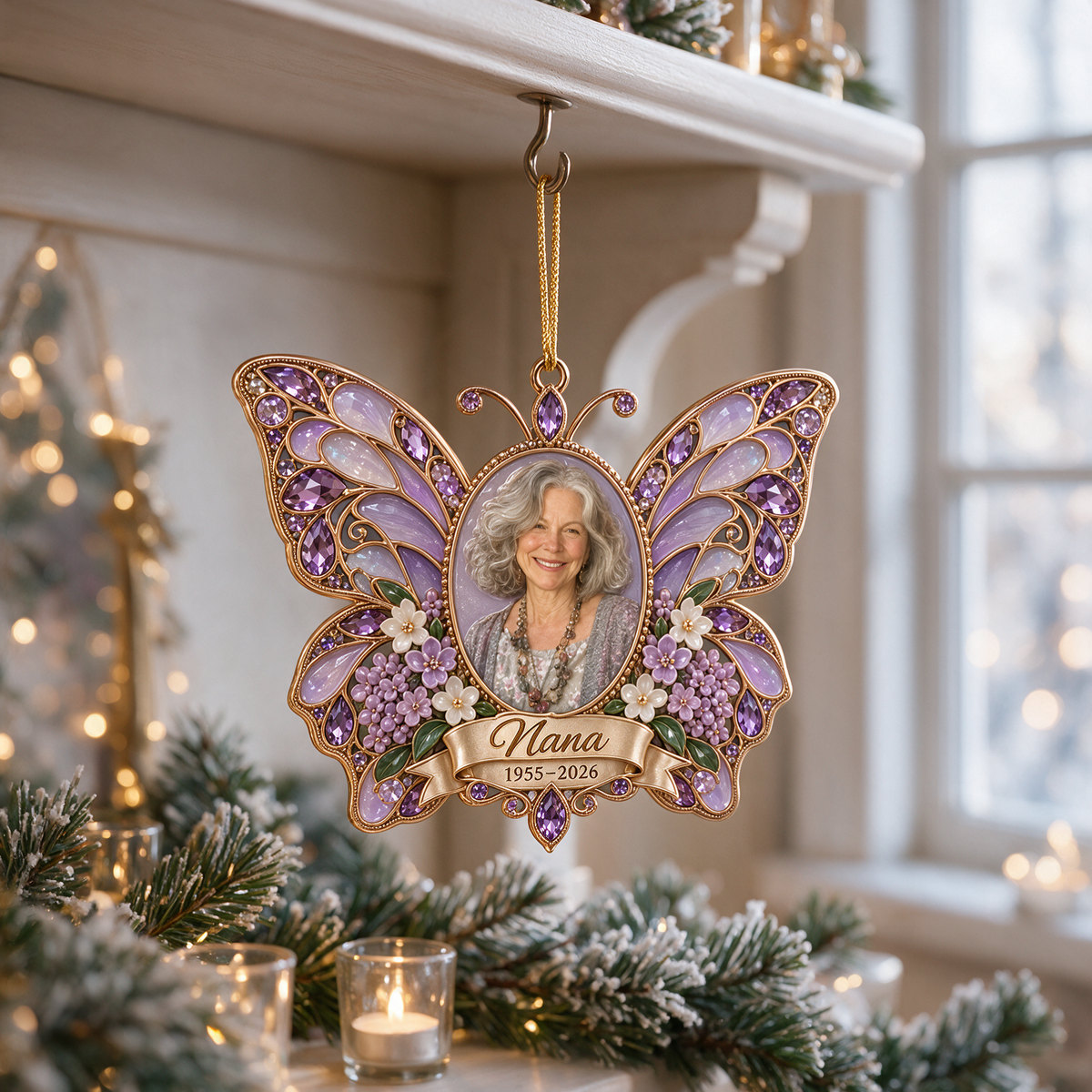 Personalized Custom Photo Purple Butterfly Memorial Christmas Ornament - In Memory of Grandma