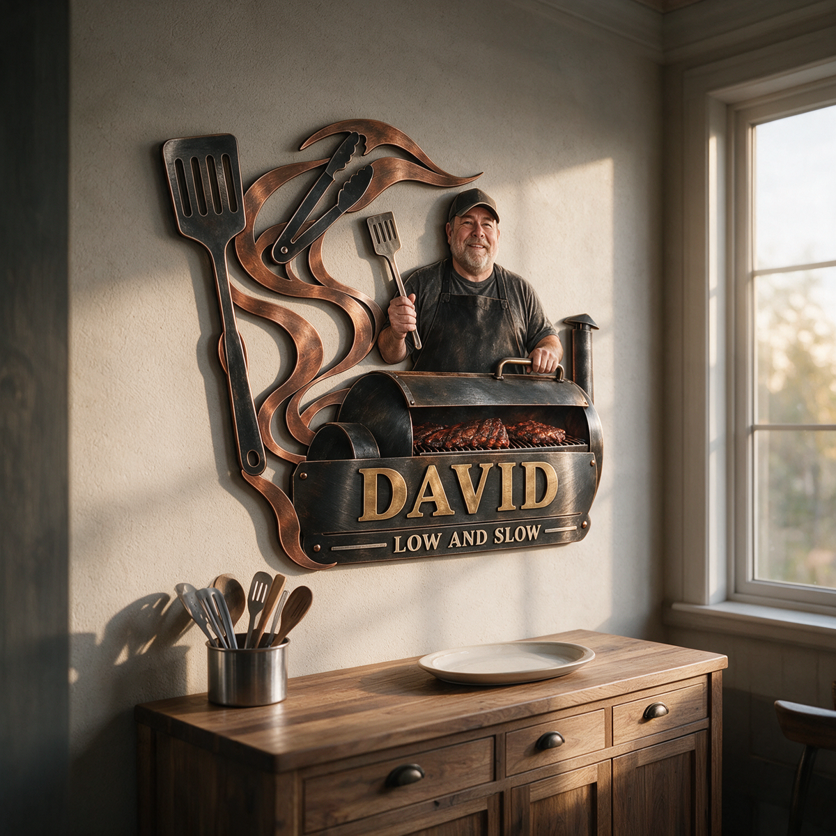 Personalisierte BBQ Metall Wandkunst - Individuelles Porträt und Name, Grill Wanddekoration