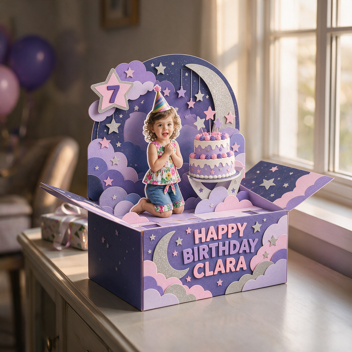 Carte Pop-Up Personnalisée Lune et Étoiles - Gâteau d'Anniversaire avec Photo, Nom et Âge Personnalisés