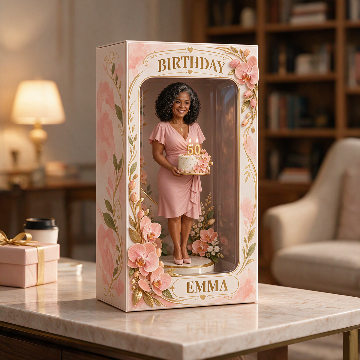 Figurine Personnalisée en Photo Pêche Orchidée dans Boîte Acrylique - Cadeau d'Anniversaire pour Femmes