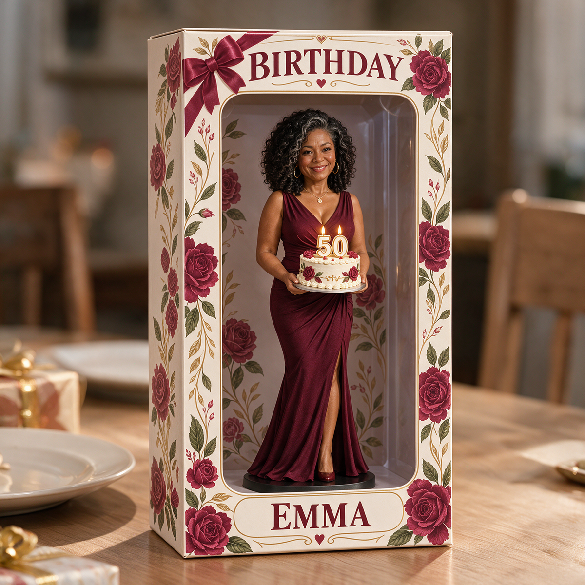 Personalisierte Foto-Rote Rose Figurinen-Displaybox - 50. Geburtstagsgeschenk für Frauen