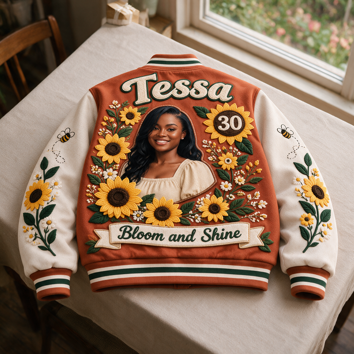 Veste Varsity Tournesol Personnalisée - Portrait Photo d'Anniversaire
