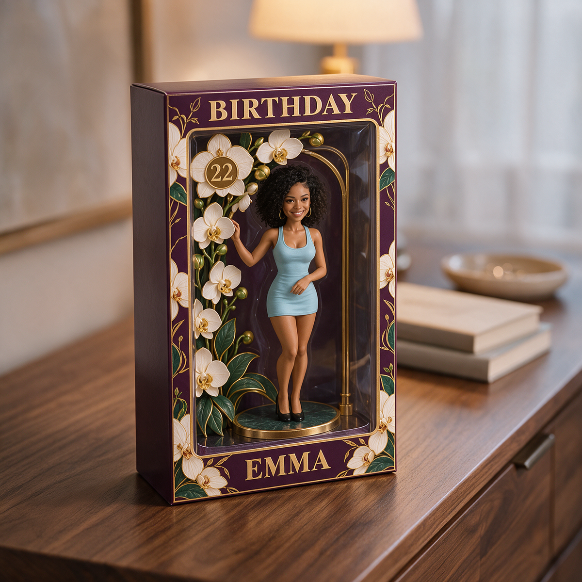Boîte d'Affichage d'Orchidée Personnalisée pour Anniversaire - Figurine Portrait Photo avec Nom et Âge