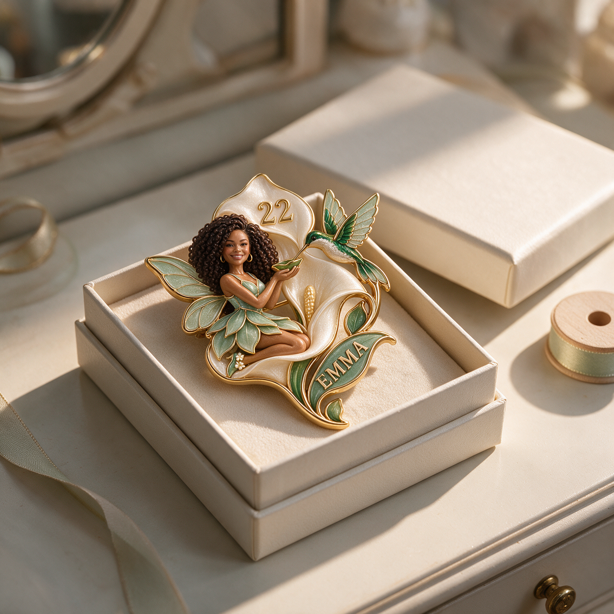 Personalized Birthday Hummingbird Brooch - Fairy Portrait, Calla Lily, Name and Age
