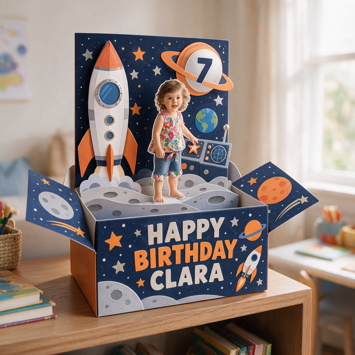 Carte Pop-Up Personnalisée Fusée Spatiale - Cadeau d'Anniversaire avec Photo, Nom et Âge Personnalisés