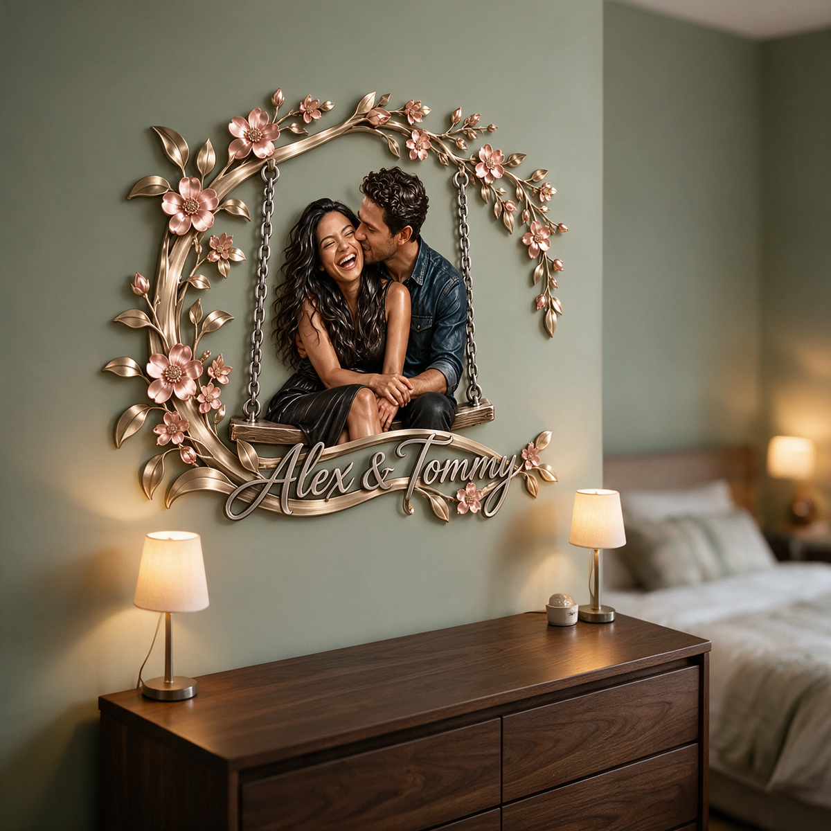 Art mural en métal 3D personnalisé avec photo florale - Cadeau pour couples