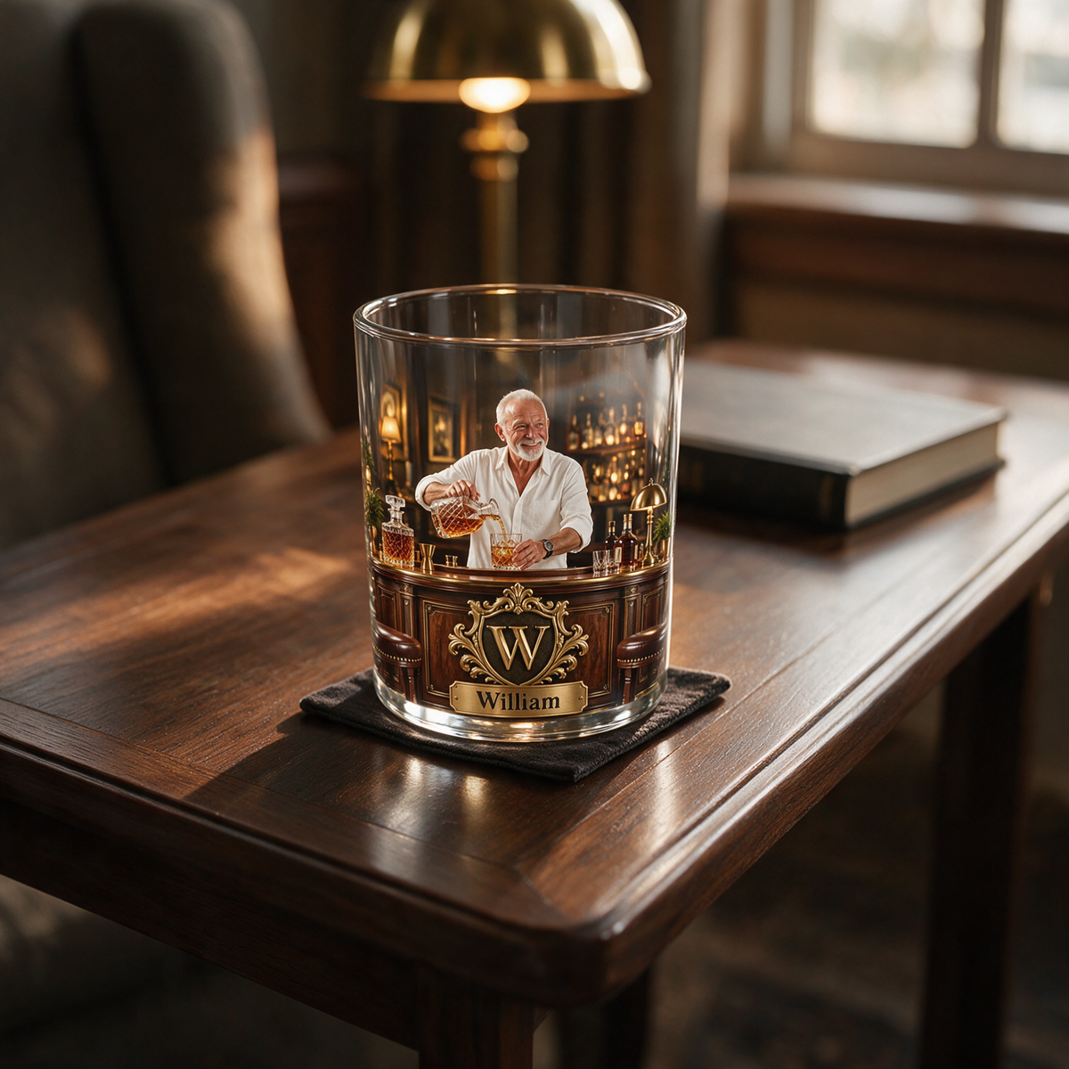 Personalized Whiskey Rocks Glass with Portrait, Name and Initial