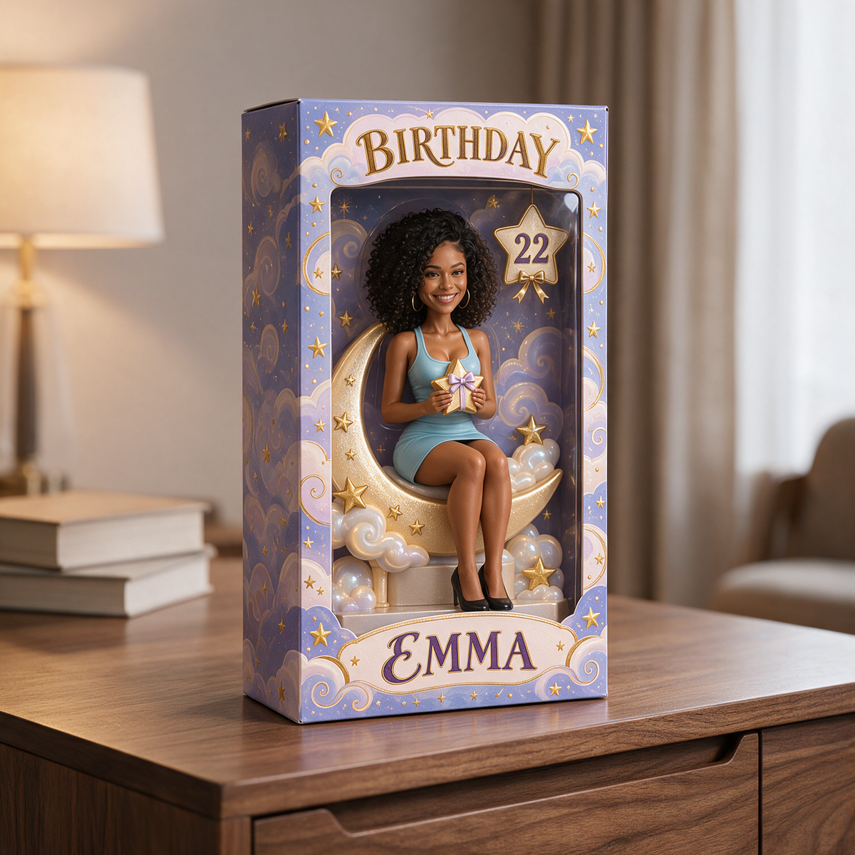 Boîte d'Affichage Personnalisée Lune et Étoiles - Figurine de Portrait d'Anniversaire avec Nom et Âge