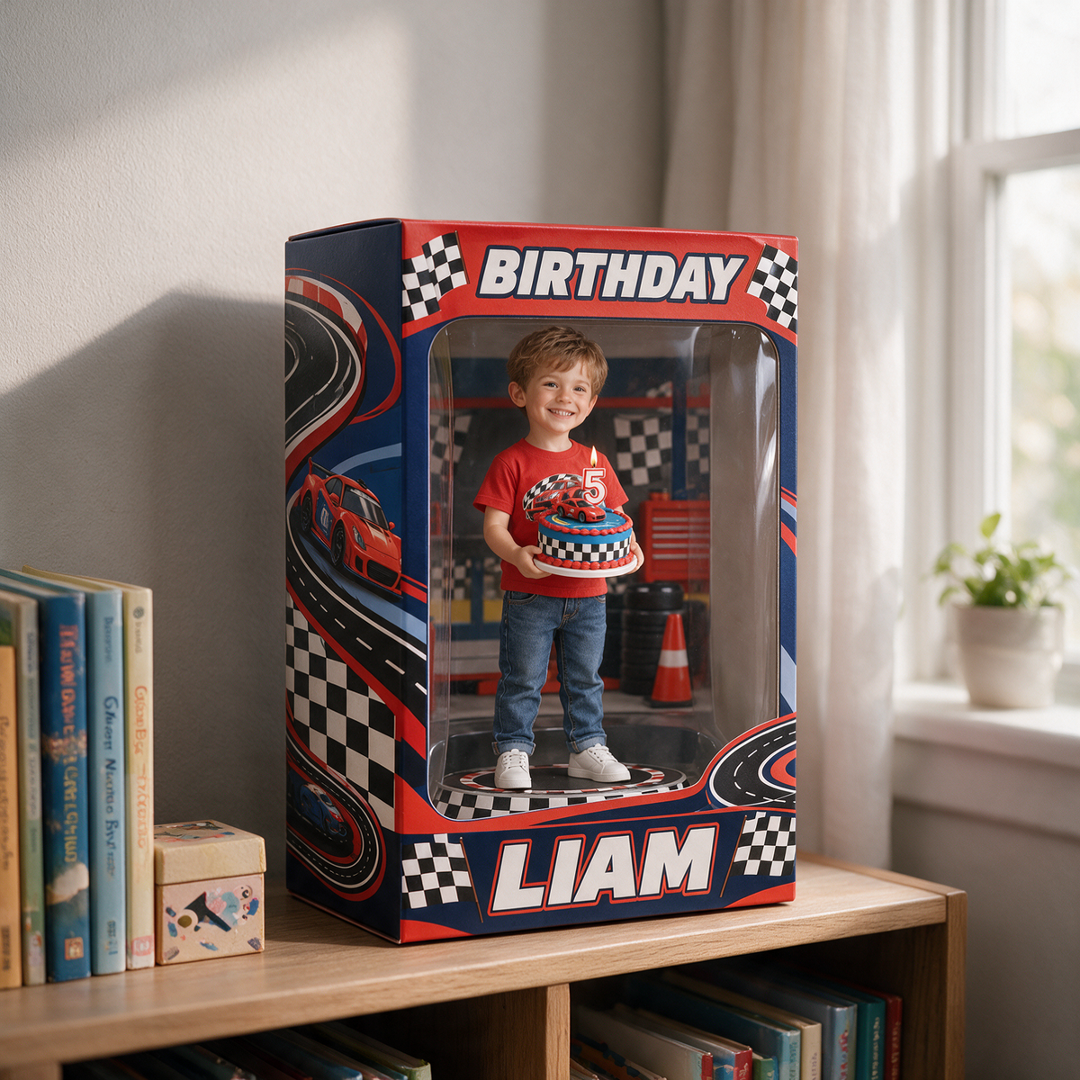 Personalized Custom Photo Race Car Acrylic Display Box - 5th Birthday Gift for Boys