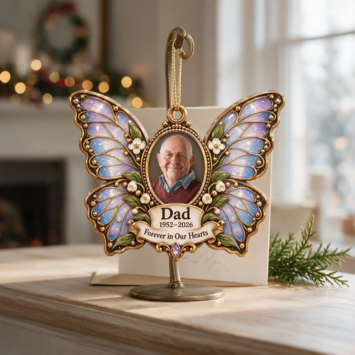 Personalized Custom Photo Dad Memorial Butterfly 3D Ornament - Christmas Remembrance Keepsake