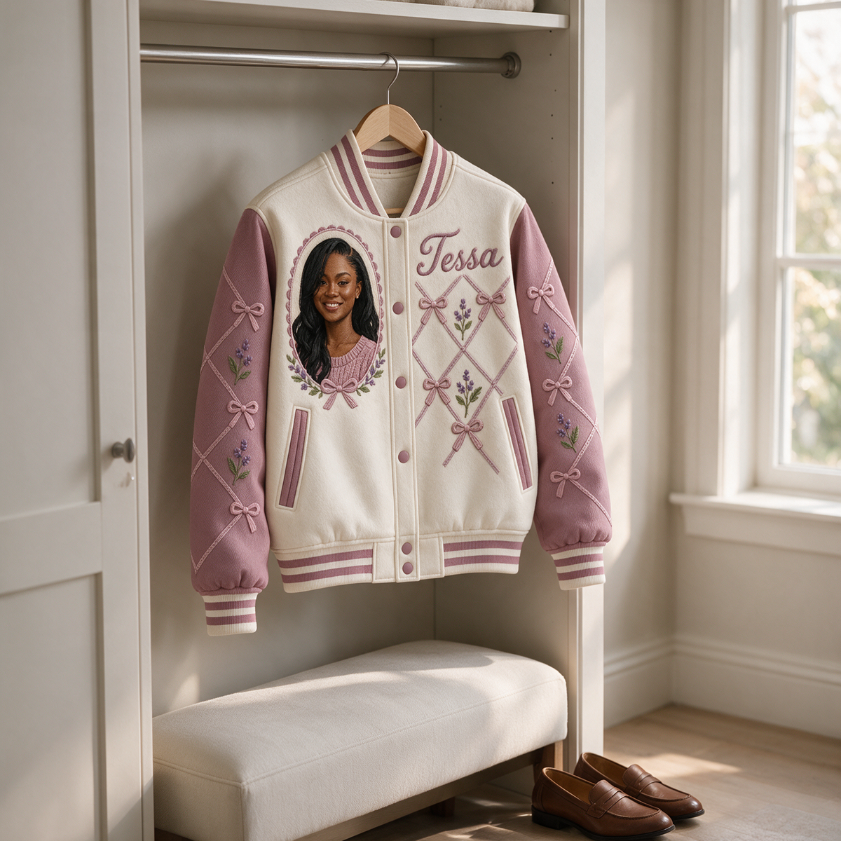 Veste Varsity d'Anniversaire Personnalisée - Portrait en Nœud et Nom