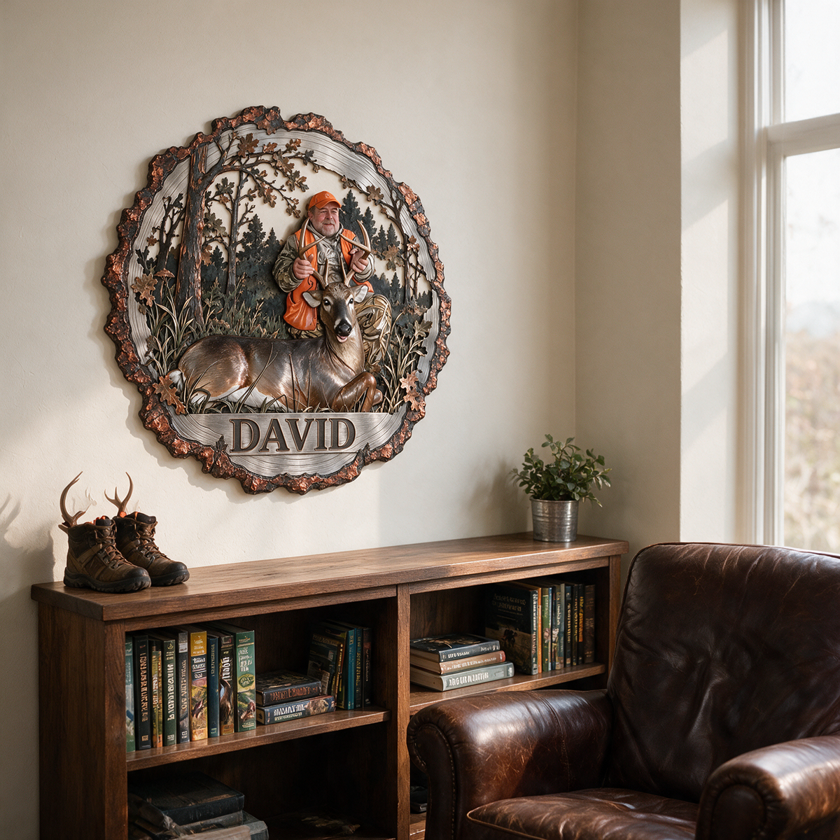 Personalized Custom Photo Deer Hunting 3D Metal Wall Art - Rustic Tree Border Gift for Older Men