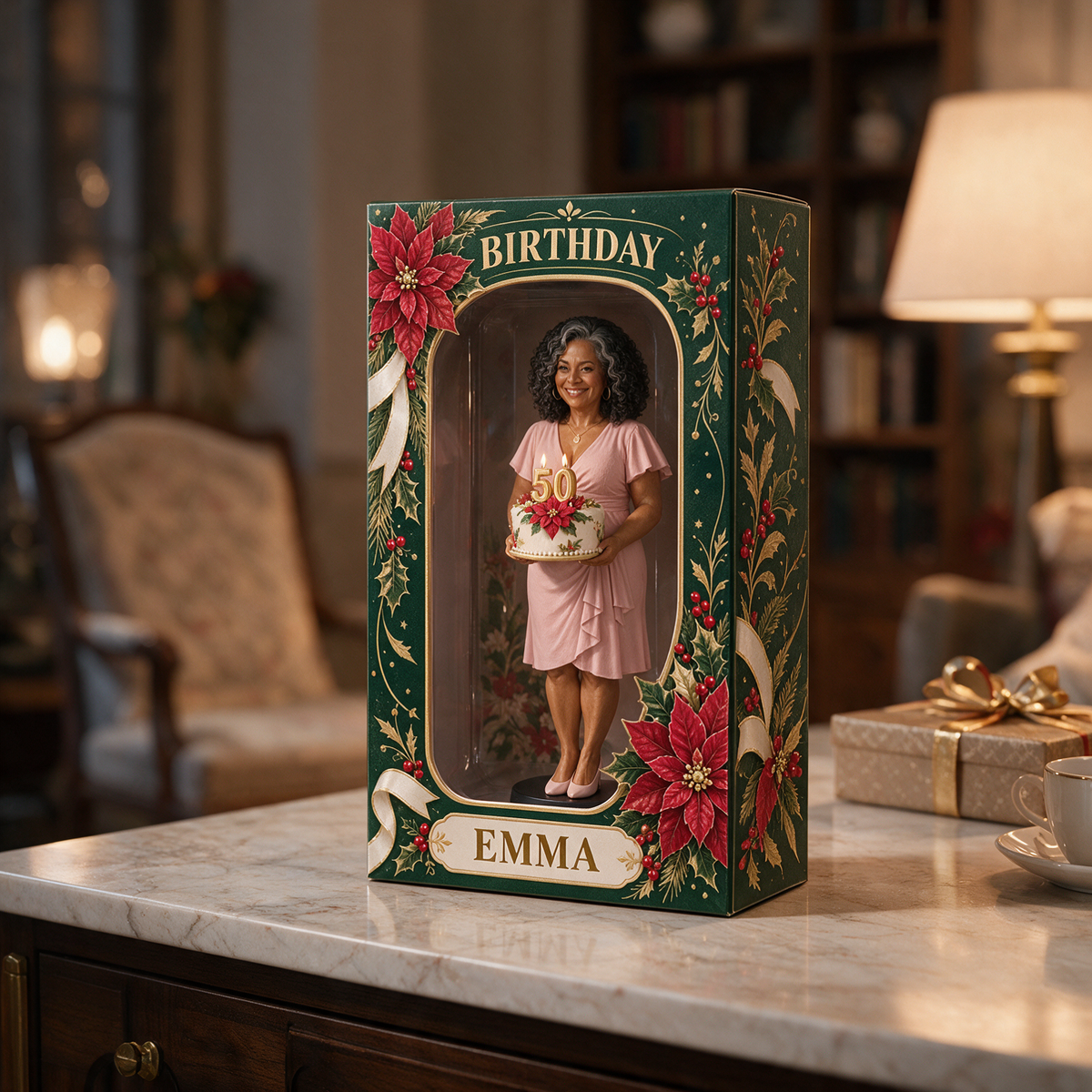 Personalized Custom Photo Poinsettia Figurine in Acrylic Display Box - 50th Birthday Gift for Women