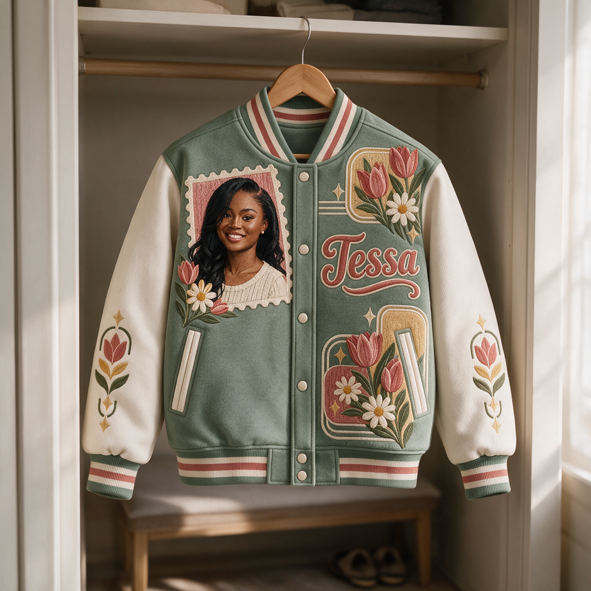 Personalized Birthday Varsity Jacket - Retro Floral Portrait and Name