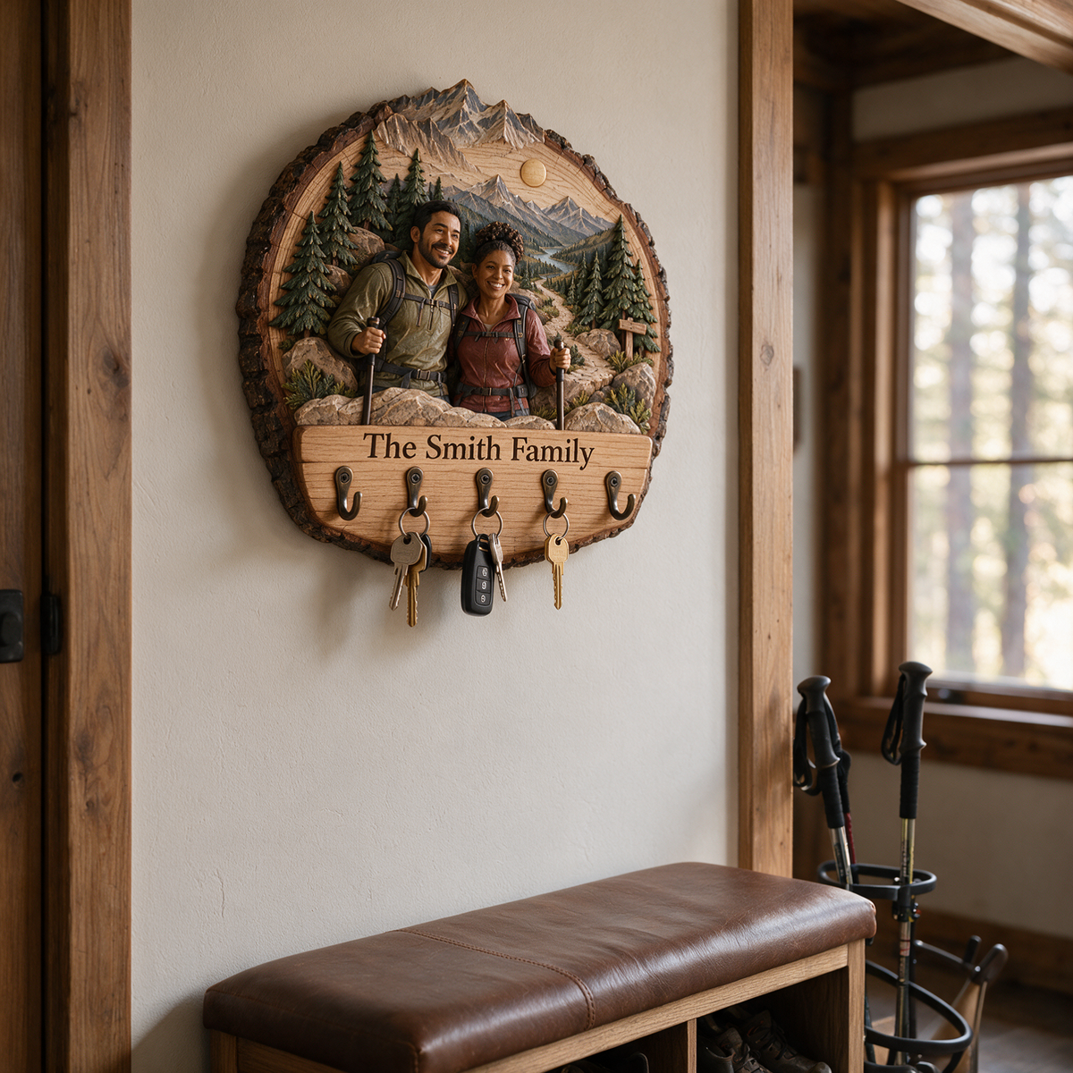 Personalized Hiking Key Rack - Mountain Couple with 5 Hooks