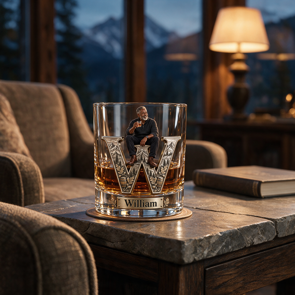 Personalized Custom Photo Mountain Monogram Whiskey Glass - Gift for Older Men Who Love Whiskey
