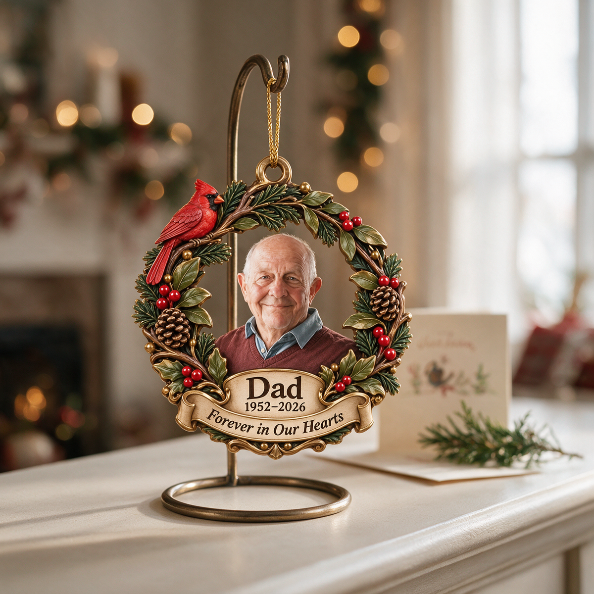 Personalized Custom Photo Dad Memorial Cardinal Wreath 3D Ornament - Christmas Remembrance Keepsake