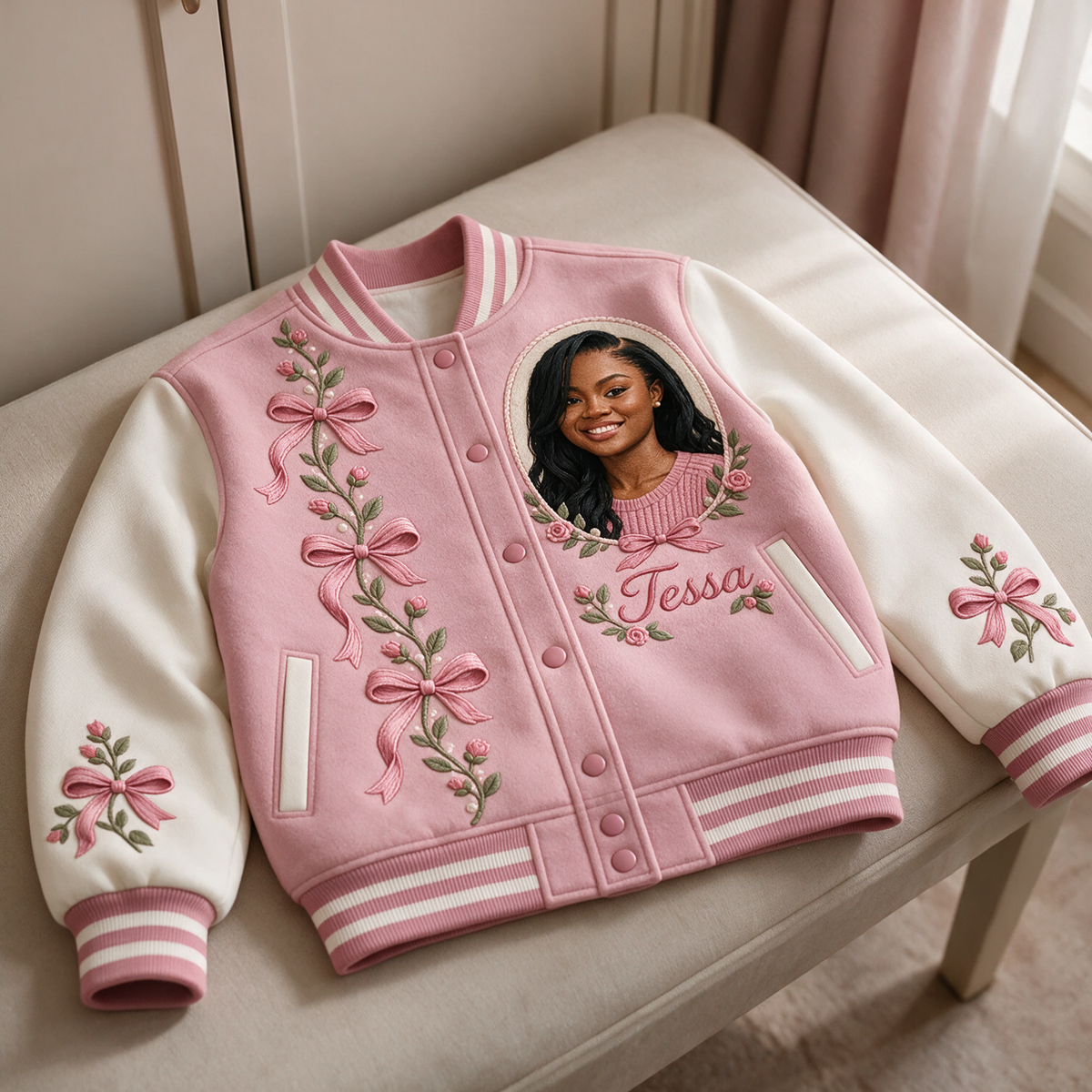 Personalized Rose Bow Varsity Jacket - Women's Birthday Gift with Portrait and Name
