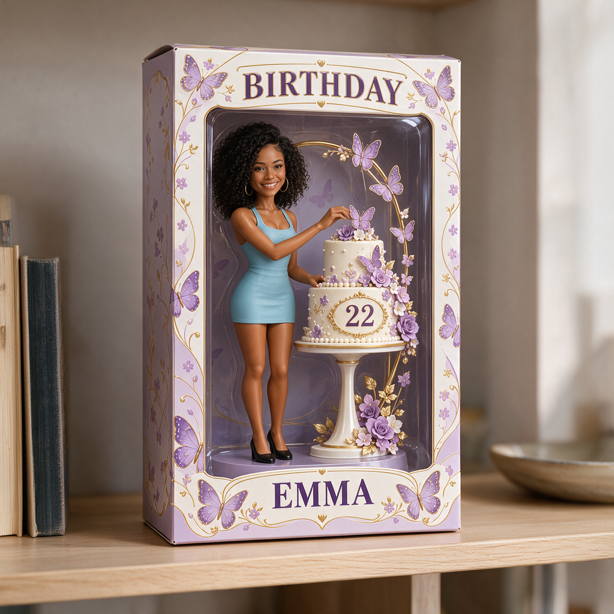 Boîte d'Affichage d'Anniversaire Personnalisée - Figurine Portrait avec Gâteau Papillon, Nom et Âge