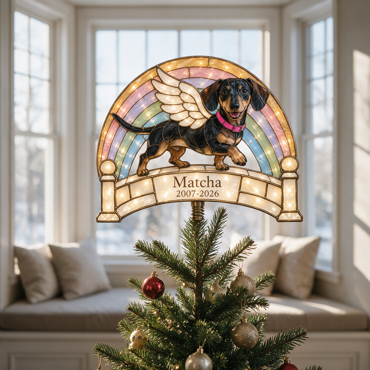 Personalisierter Hundegedenk-Rainbow Bridge Weihnachtsbaumspitze