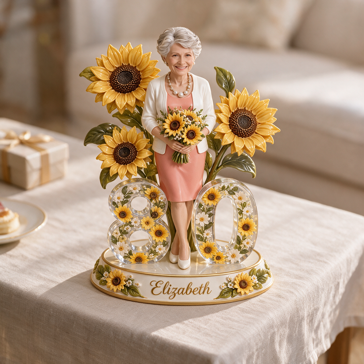 Personalisierte Geburtstagsfigur - Individuelles Porträt, Sonnenblumen-Geschenk
