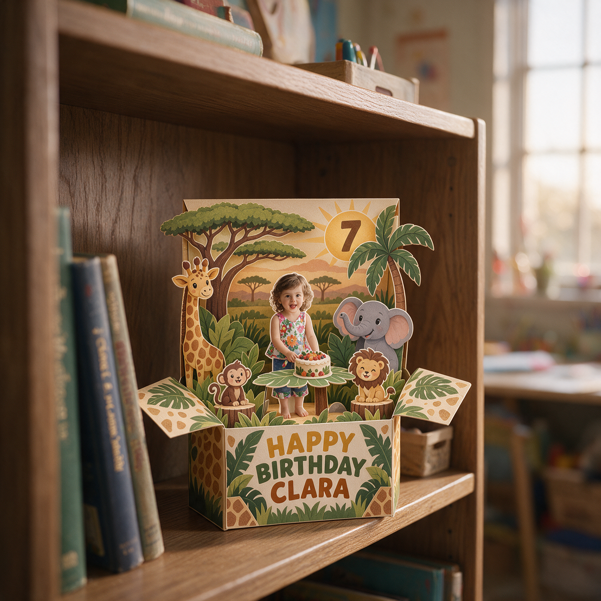 Carte Pop Up d'Anniversaire Safari Personnalisée - Photo, Nom et Âge