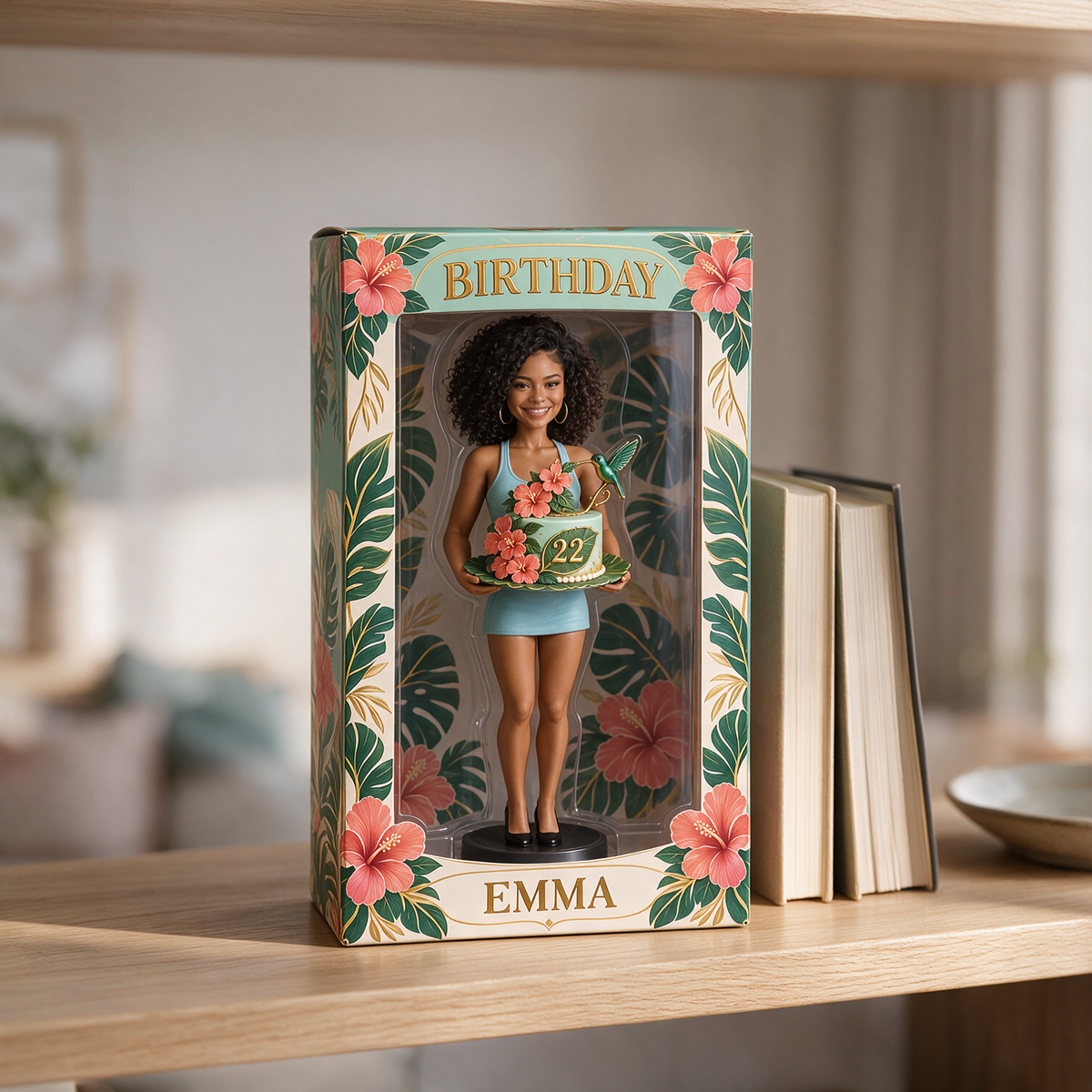 Personalized Birthday Display Box - Portrait Figurine with Butterfly Cake, Name and Age