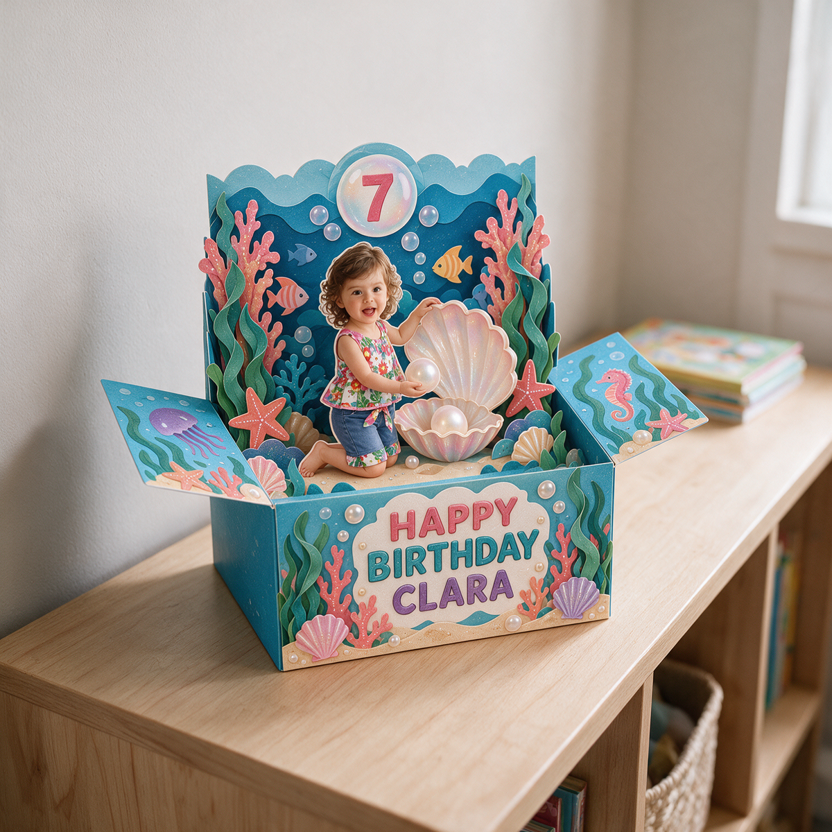 Carte Pop-Up Personnalisée Sous-Marine - Cadeau d'Anniversaire Coquillage et Perle avec Photo, Nom et Âge Personnalisés