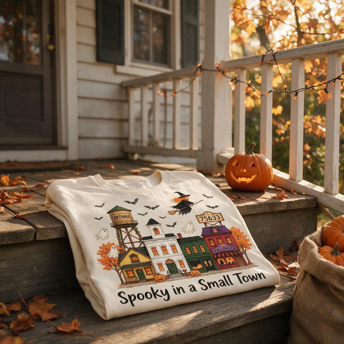 T-shirt Halloween Personnalisé Photo de Petite Ville Effrayante, Nom de Ville & Code Postal
