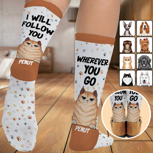 Je te suivrai où que tu ailles - Cadeau pour les amoureux des chiens - Chaussettes personnalisées