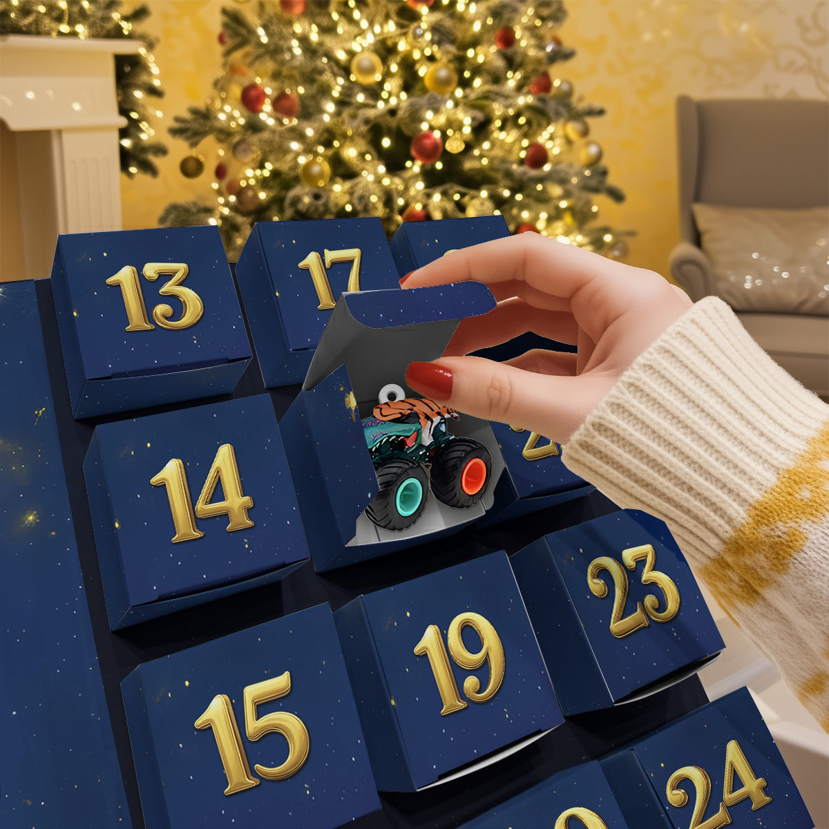 Monster Crusher - Calendrier de l'Avent pliable et personnalisé pour enfants avec décorations