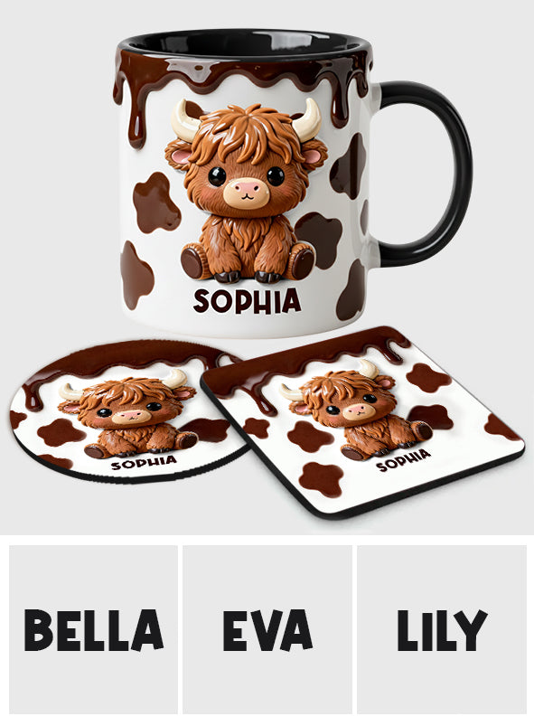 J'adore les vaches des Highlands ! Mug et sous-verre personnalisés avec motif vache des Highlands