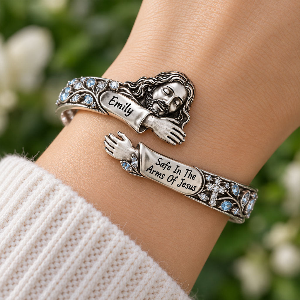 Safe In The Arms Of Jesus - Personalized Christian Shaped Cuff Bracelet