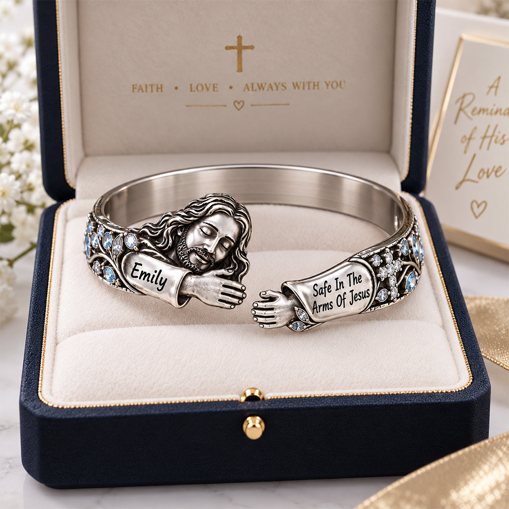 Safe In The Arms Of Jesus - Personalized Christian Shaped Cuff Bracelet