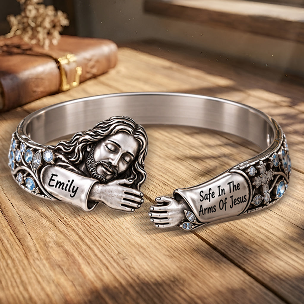 Safe In The Arms Of Jesus - Personalized Christian Shaped Cuff Bracelet