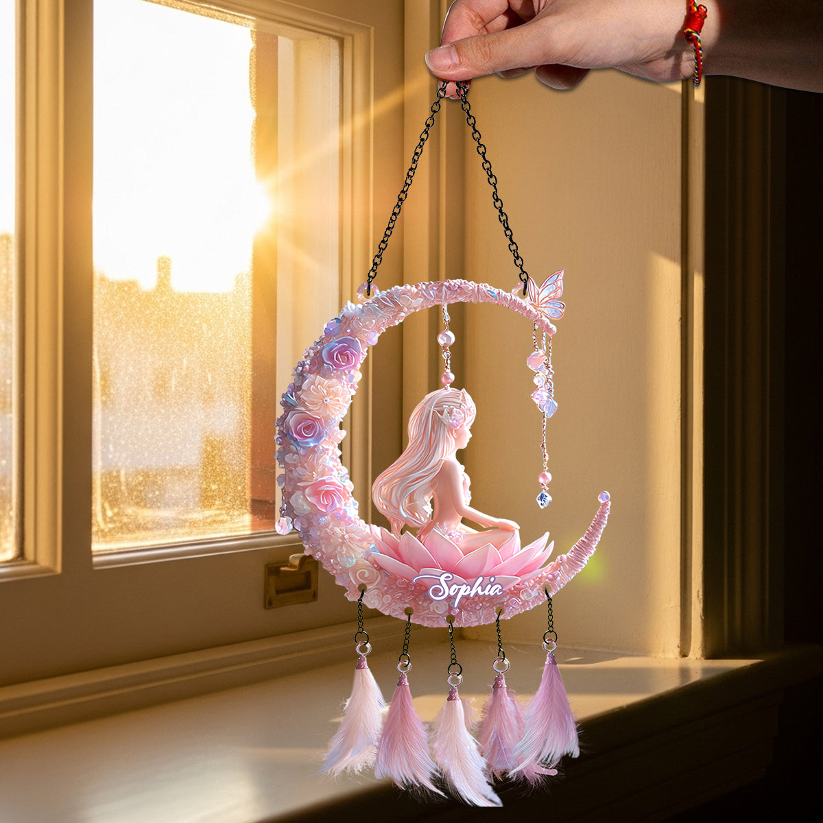 Passionné(e) de yoga - Attrape-soleil personnalisé à suspendre à la fenêtre avec breloques personnalisées