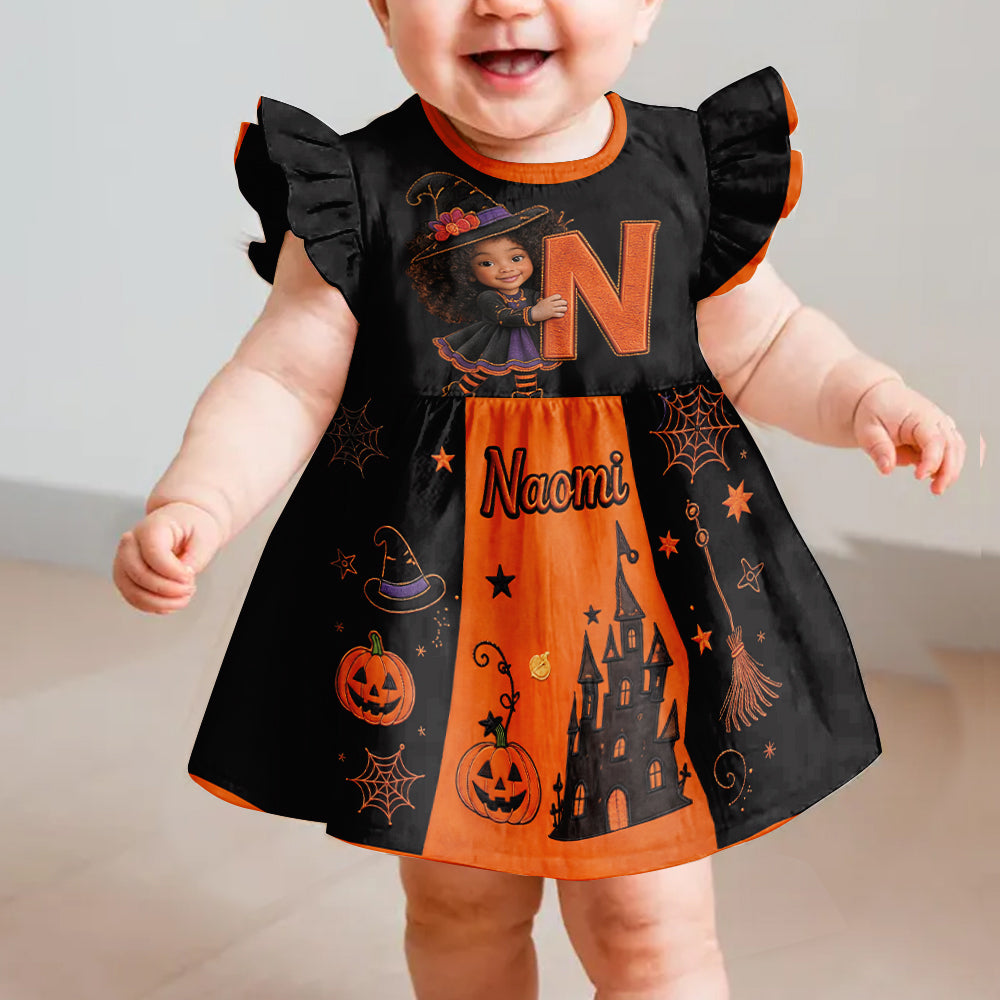Halloween Initial Gift For Kids - Personalized Kid Kid Ruffle Sleeve Dress