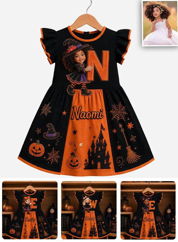 Halloween Initial Gift For Kids - Personalized Kid Kid Ruffle Sleeve Dress