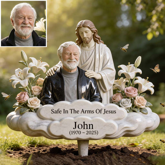 Cadeau commémoratif, En sécurité dans les bras de Jésus - Plaque commémorative personnalisée en acrylique pour jardin