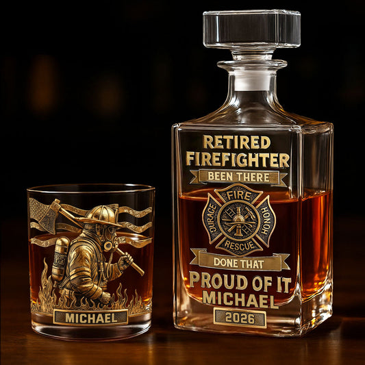 Stolzer Feuerwehrmann im Ruhestand – Personalisiertes Feuerwehr-Whisky-Dekanter-Set