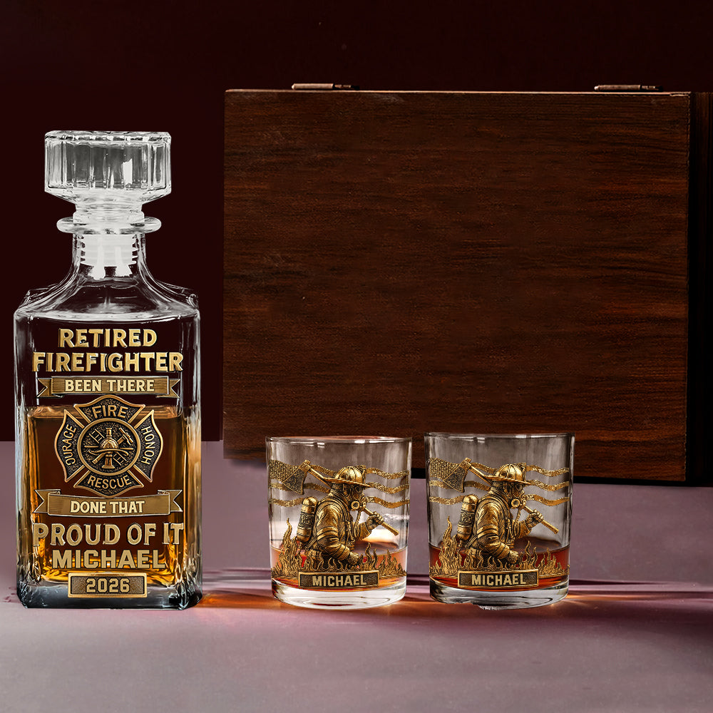 Proud Retired Firefighter - Personalized Firefighter Whiskey Decanter Set