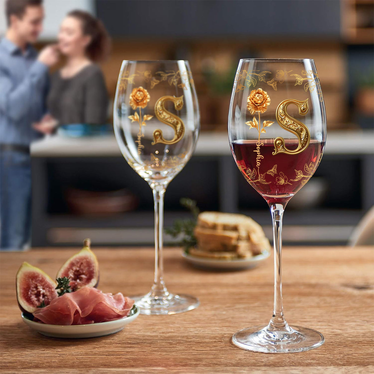 Gold Flowers - Personalized Luxury Wine Glass With Long Stem
