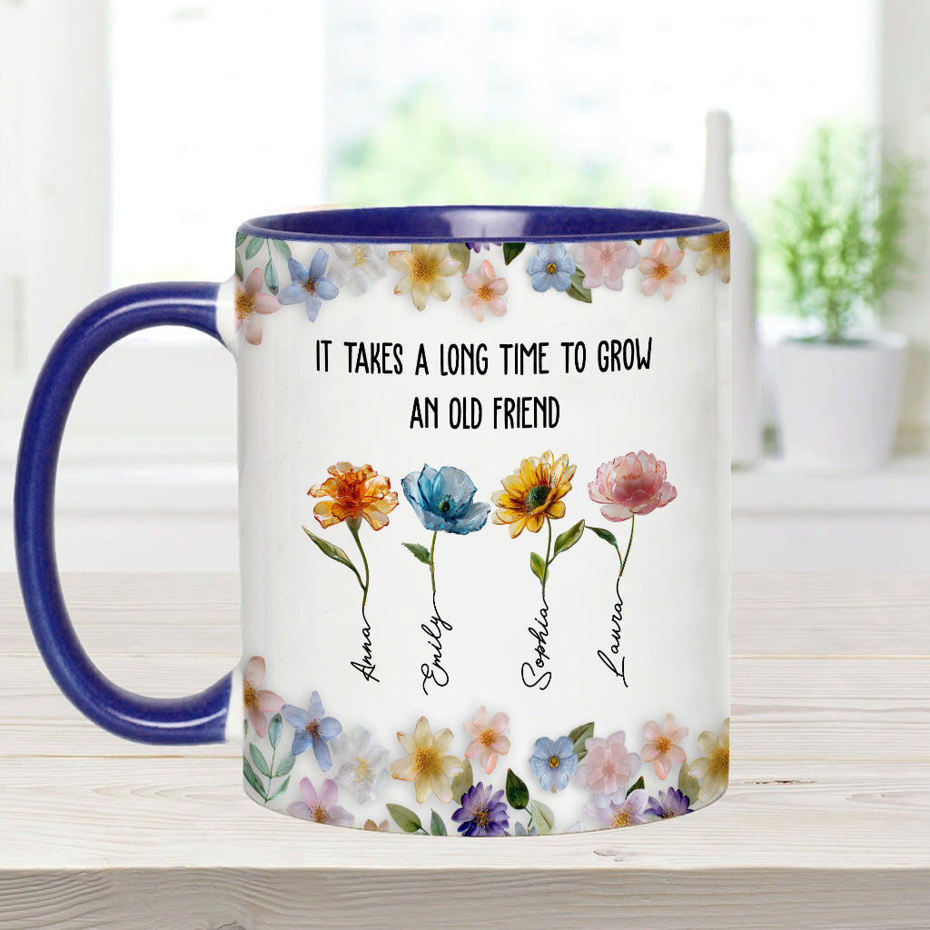 Es dauert lange, bis eine alte Freundschaft wächst – personalisierte Tasse mit dem Aufdruck „Beste Freundin“.