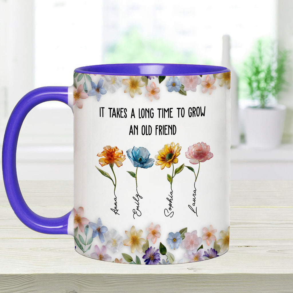 Es dauert lange, bis eine alte Freundschaft wächst – personalisierte Tasse mit dem Aufdruck „Beste Freundin“.