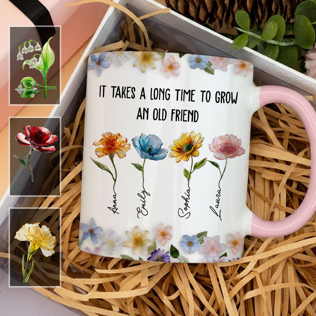 Es dauert lange, bis eine alte Freundschaft wächst – personalisierte Tasse mit dem Aufdruck „Beste Freundin“.